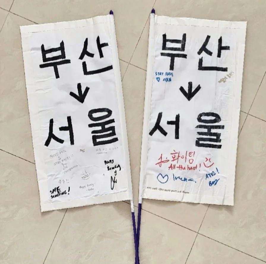 Signed flags ready for the Korea adventure